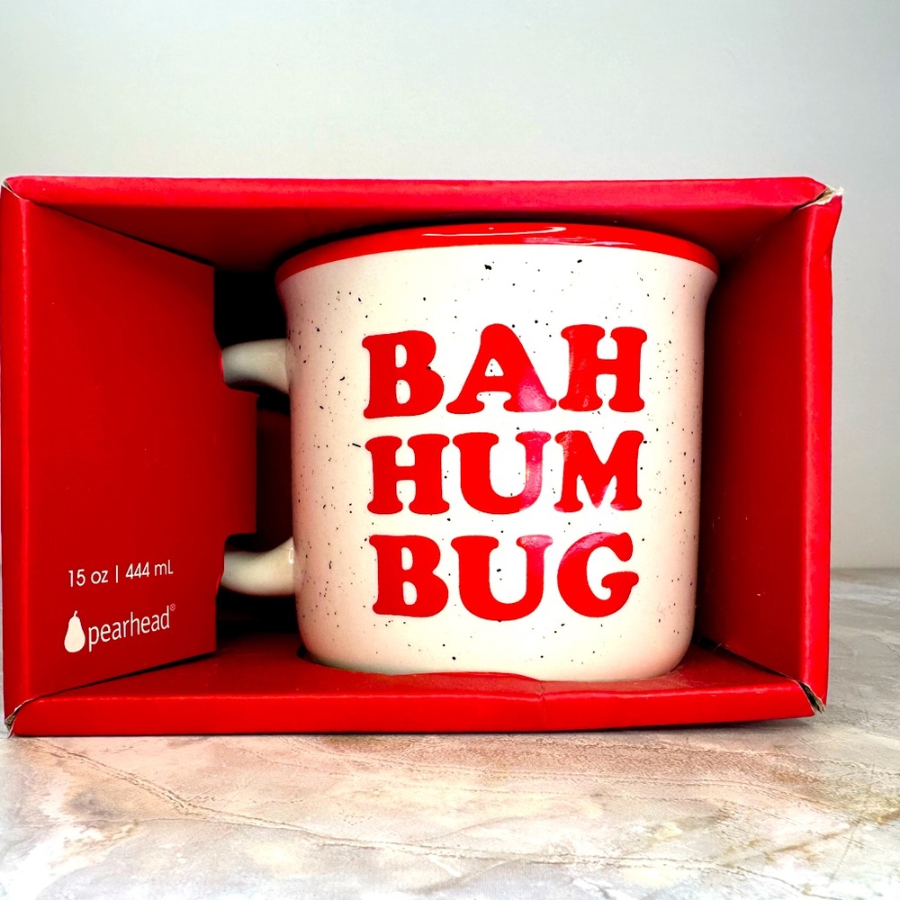 NIB Pearhead Mug BAH HUM BUG Red Rim Tea Cup Excellent Conditon!